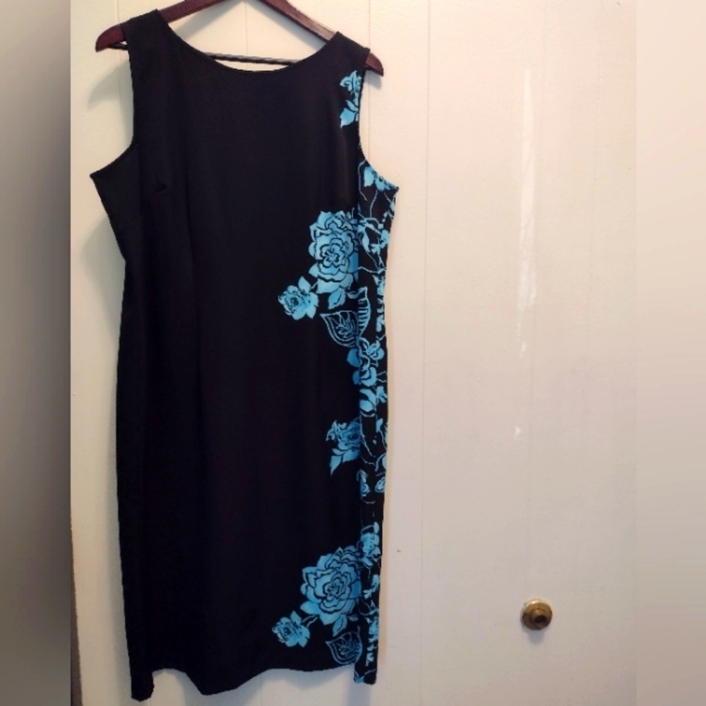 Maya Brooke Womens Sheath Dress Blue Floral on Black 16W Sleeveless